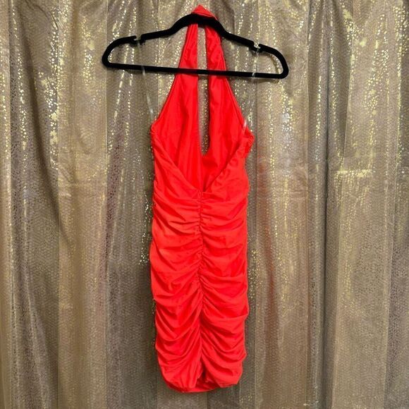 Tiger Mist Neon Coral Amazon Plunging Ruched Halter Dress Small NWT Flawed - Picture 2 of 10